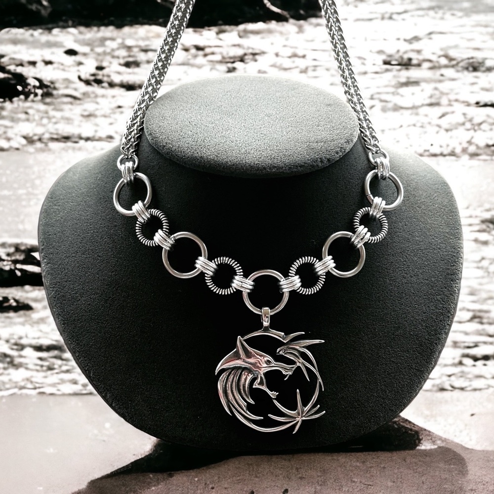 Handmade stainless steel necklace double wheat chain wolf celtic viking charm - Picture 2 of 10